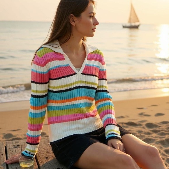 Tommy Hilfiger Sweaters - Tommy Hilfiger Stripped V Neck Collard Cozy Sweater Women Size Medium